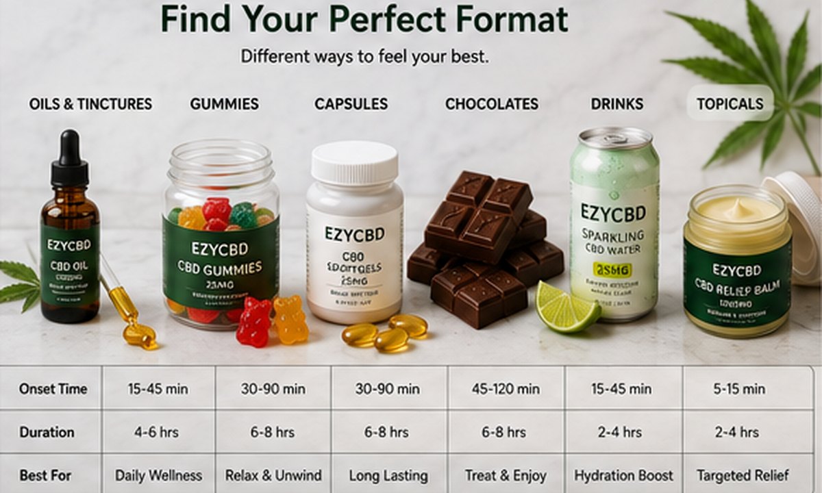 Comparison of CBD oils, gummies, capsules, chocolate, drinks and topicals