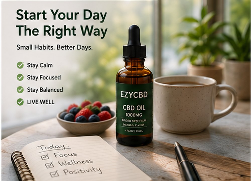 Morning wellness routine with CBD oil, tea and planner